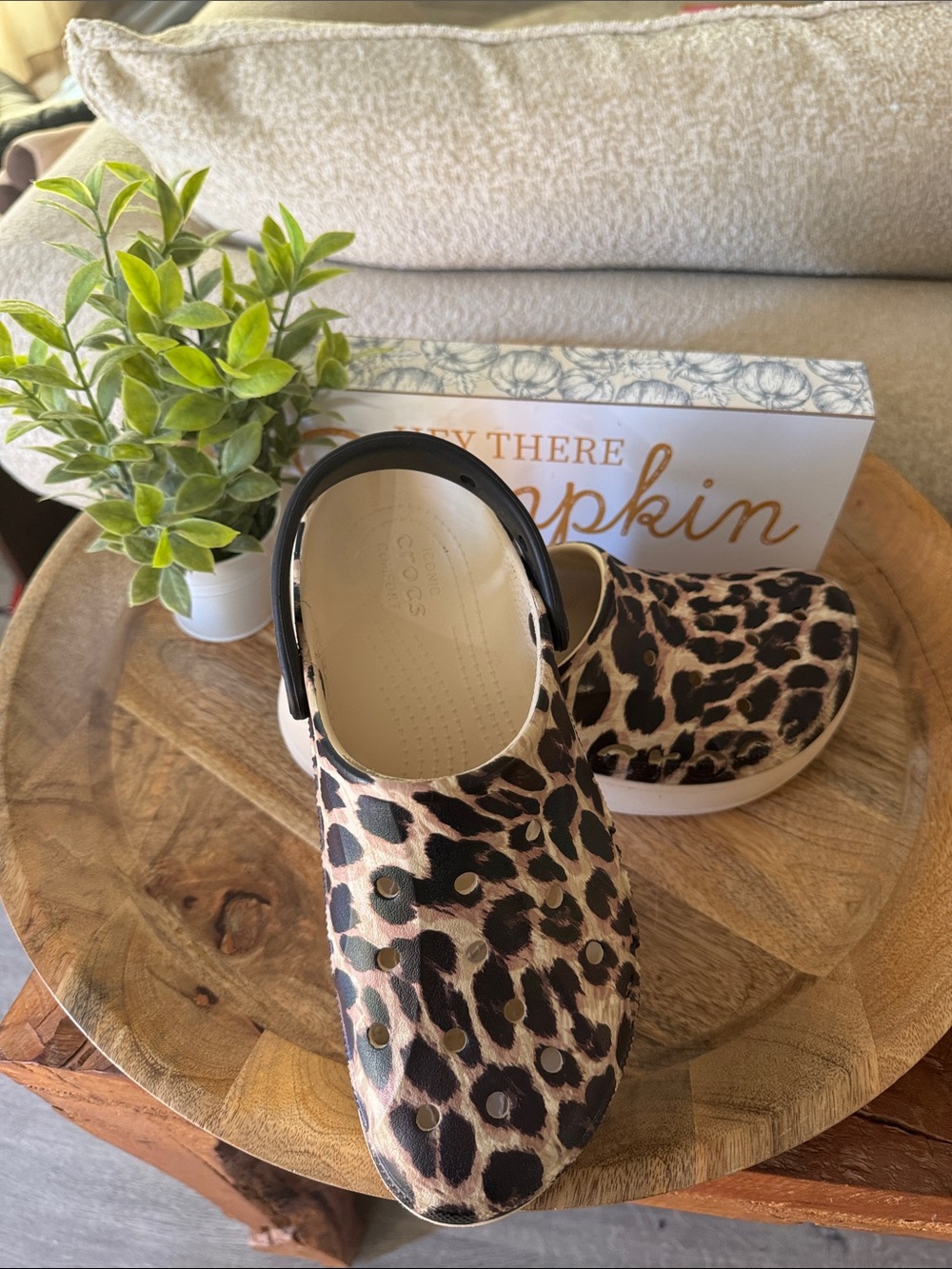CROCS Leopard Print Platform Clog in Tan and Black
